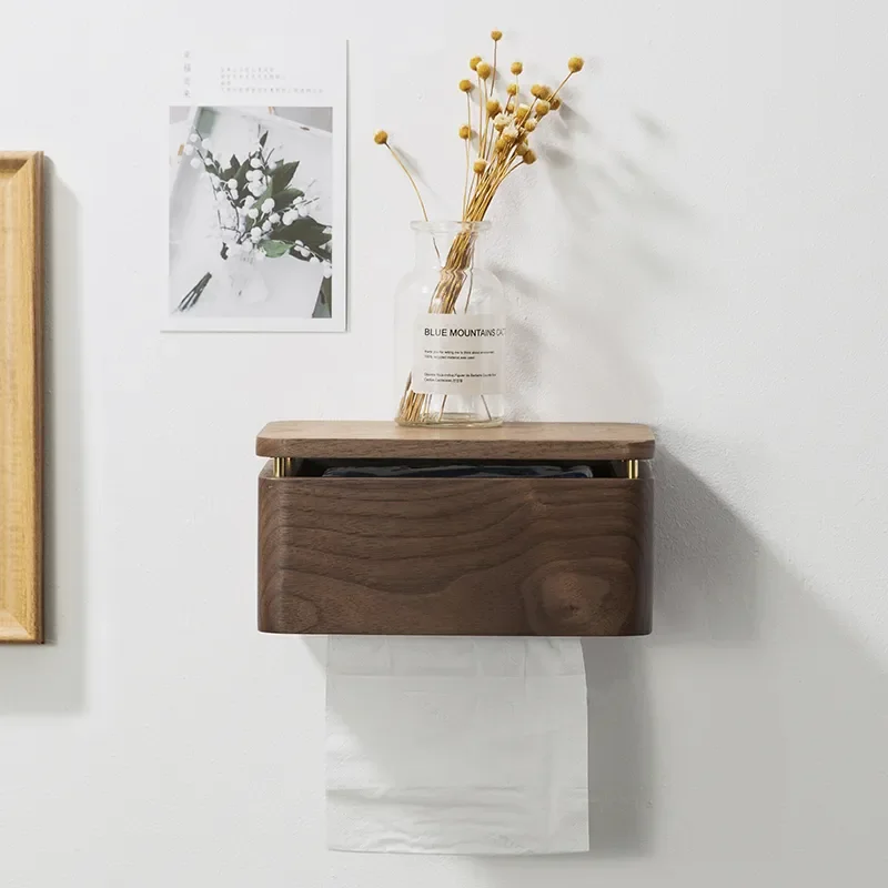 

Bathroom Wooden Toilet Paper Box Wall Mounted Rustic Brown Toilet Tissue Holder With Shelf For Bathroom Storage Box