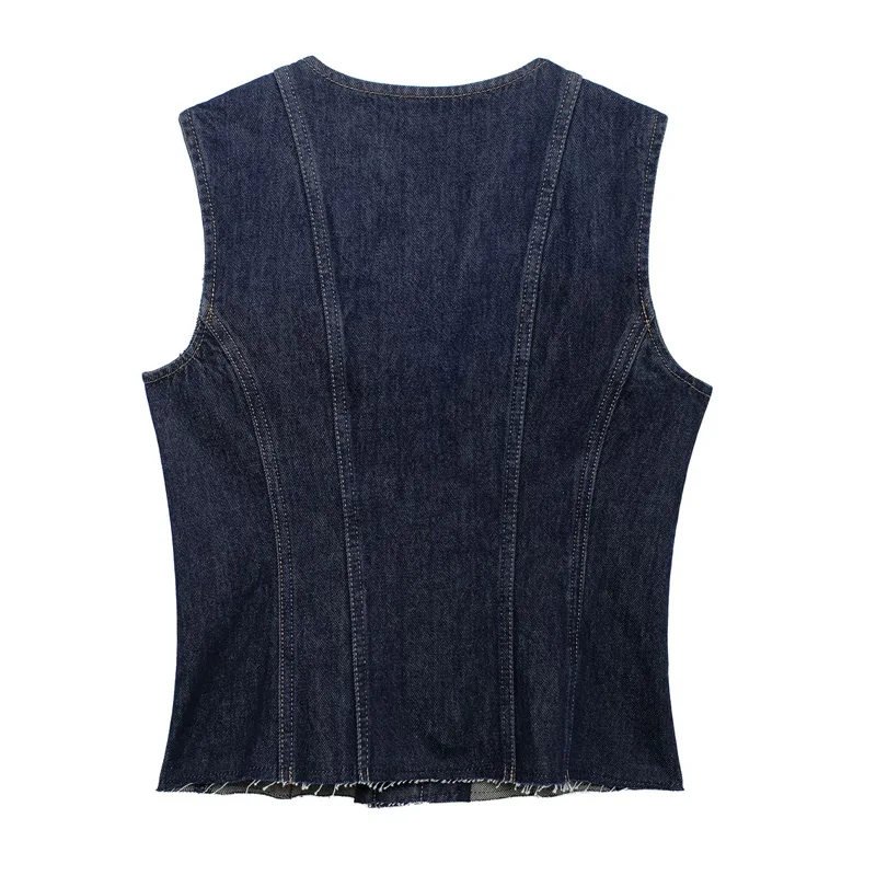 TRAF Waistcoat Women Sleeveless Denim Vest Woman Outerwears Summer Slim Navy Blue Vest Casual Button Cropped Vests For Women