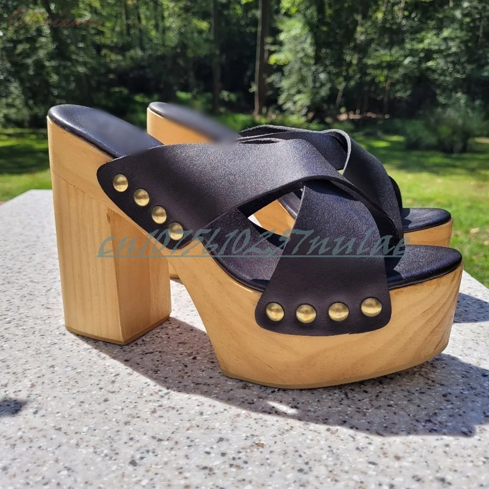 

Black Cross Tied Side Round Rivets Decor Slippers Chunky High Heel Elegant Retro Party Women Shoes 2026 Zapatos Para Mujere
