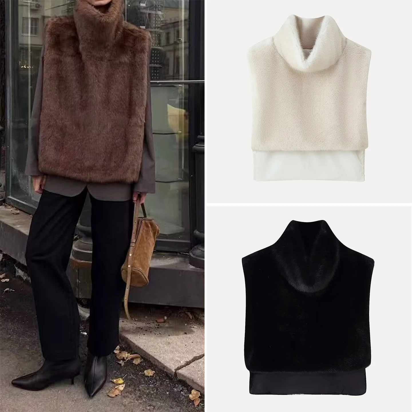 

Faionable Four-Color High-Ne Svel Faux Fur awl Women's Vest Z Commute Sle Autumn 2025 Pure Color Other Mat...