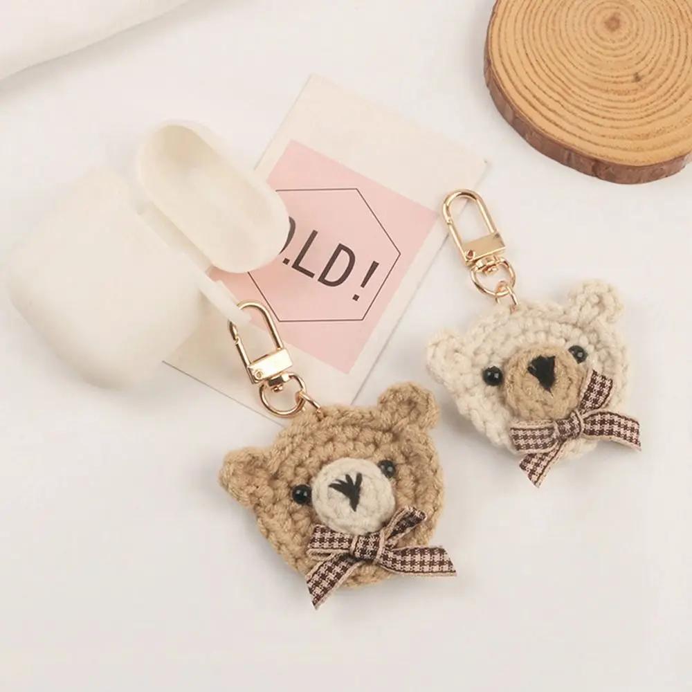 Handmade Wool Woven Bowtie Bear Keychains Earphone Pendant Decoration Cute Knitted Animal Keyrings For Women Wedding Party Gifts