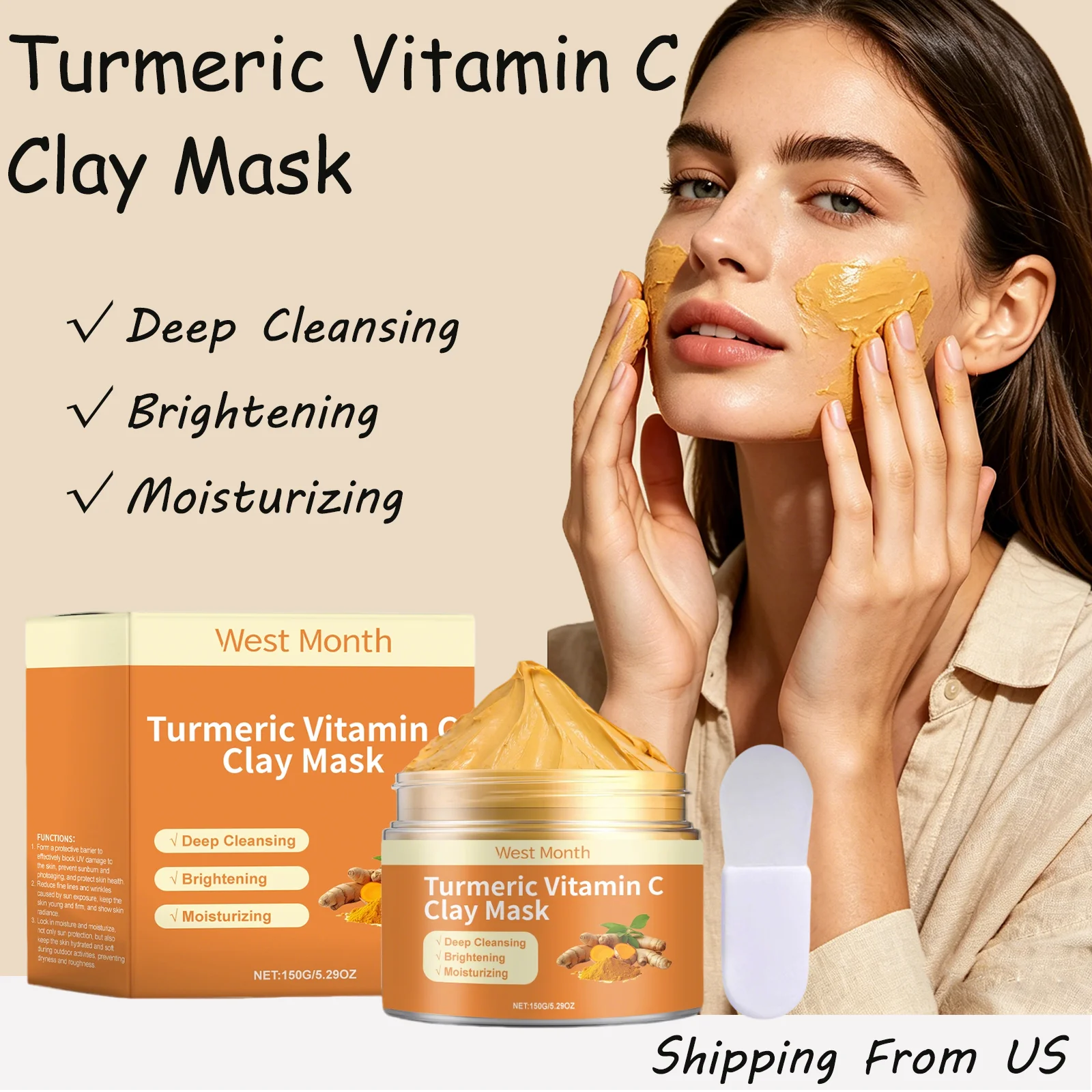 West&Month 150g Turmeric Vitamin C Clay Mask Deep Cleansing Tightens Skin Improve Dark Spots Dullness Nourish Face Mask