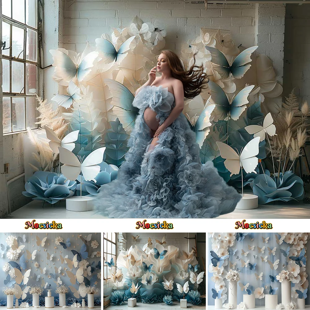 

Mocsicka Blue Butterfly Wall Background Decor Girl Pregnant Woman Wedding Photo Backdrop White Flower Cylinder Photobooth Props