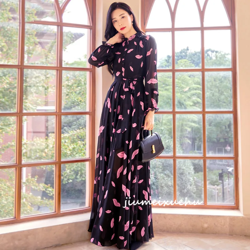 

New Women Spring Summer Print Holiday Dress Fashion Stand Collar Long Sleeve Ankle-Length Dress Elegant Flowing Beach Dress