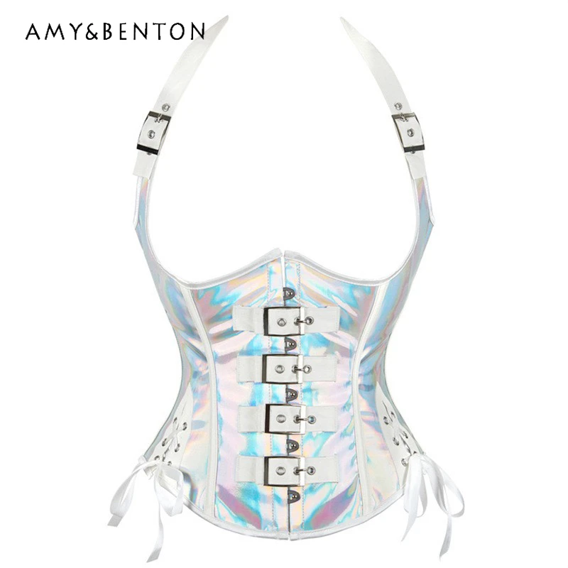 

Summer New Gothic Subculture Iridescent Leather Halter Drawstring Women's Tank Top Punk Slimming Sexy Waist Cincher Vest Ladies
