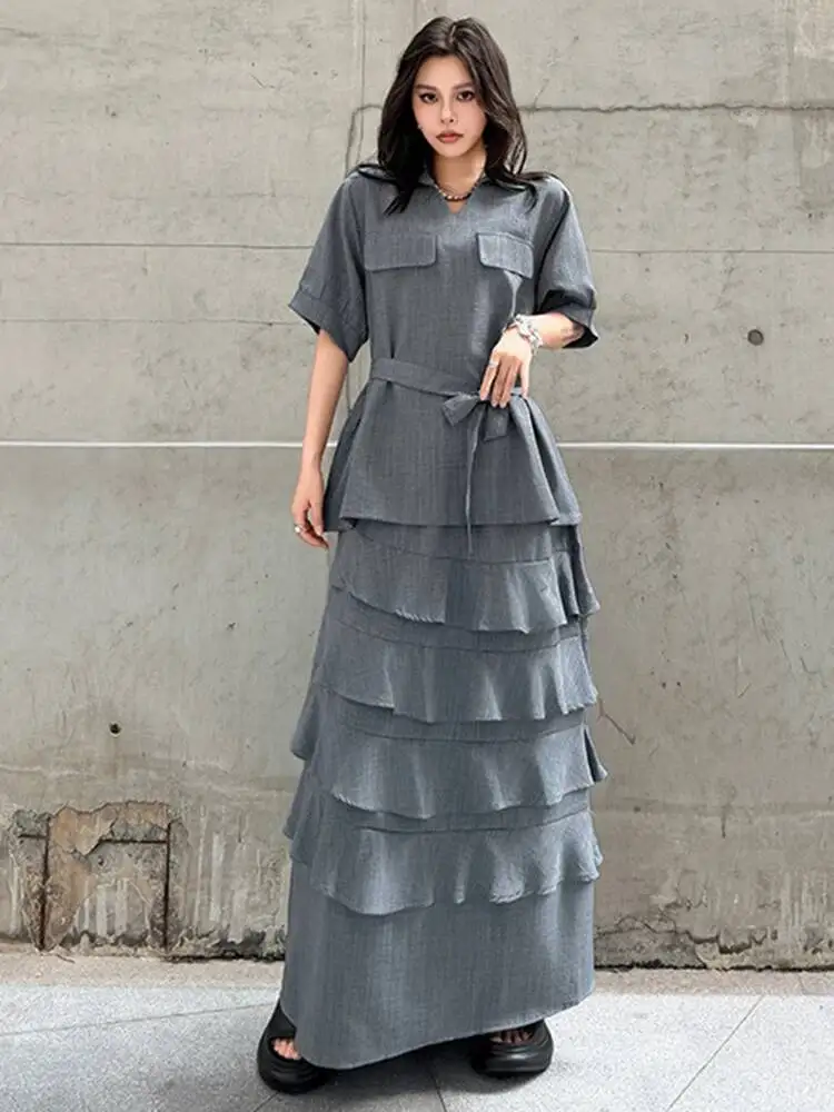 Blue Shirt Ruffles Half-body Skirt Two Pieces Suit New V-Neck Short Sleeve Women Fashion Tide Spring Autumn