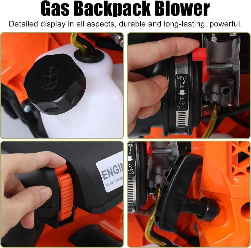 Soffiatore per foglie a gas, soffiatore per foglie con zaino a gas a 4 tempi 80CC fino a 900 CFM, potente soffiatore per neve con zaino alimentato a gas a bassa vibrazione