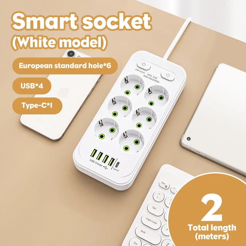 EU Plug AC Outlet Multitap Power Strip 2m Extension Cord Electrical Socket USB for Home Office Surge Protector Network Filter