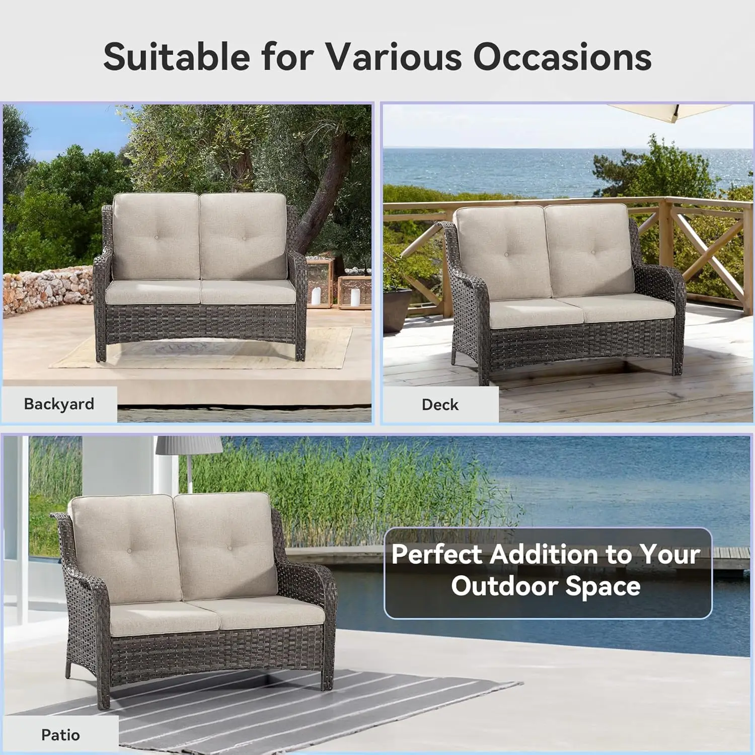 Patio Loveseat โซฟาโซฟาโซฟาหวายกลางแจ้งเฟอร์นิเจอร์2-Seater พร้อมหมอนอิงหลังและโอเลฟินสีเบจ33 "D x 49" W x 34 "H