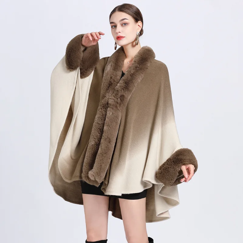 

Autumn Winter New Imitation Otter Rabbit Fur Collar Hanging Dyed Capes Women Knit Poncho Lady Capes Khaki Cloak