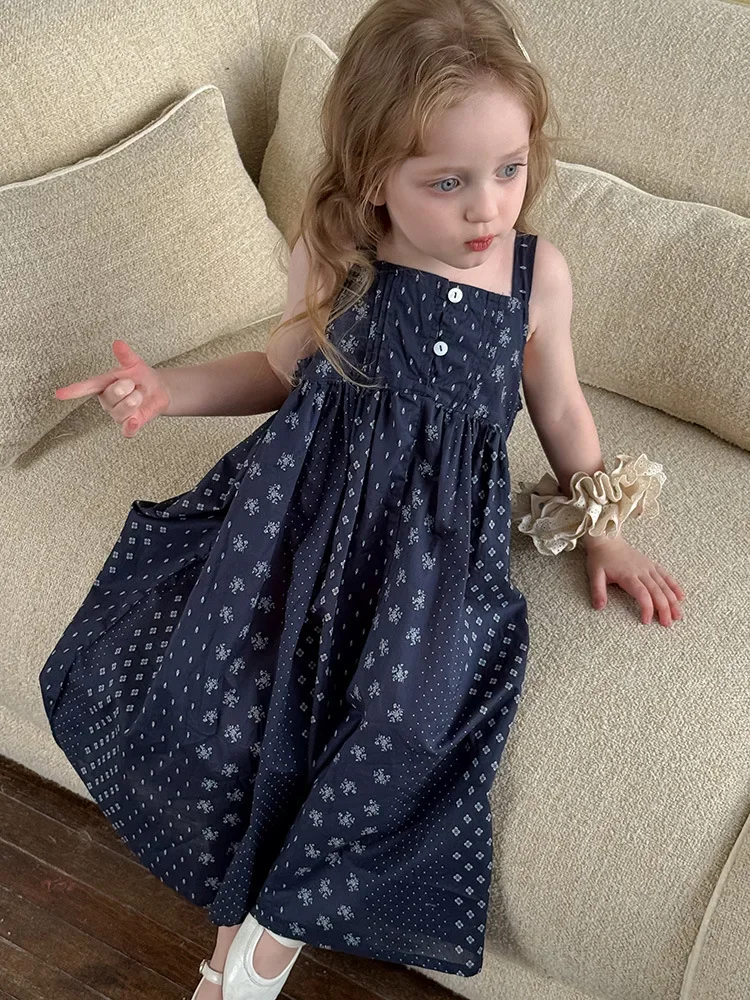 

2023 летнее новое платье на бретельках с цветочным принтом для девочек, хлопковое детское удобное длинное платье без рукавов, повседневное платье для маленьких девочек, детская одежда