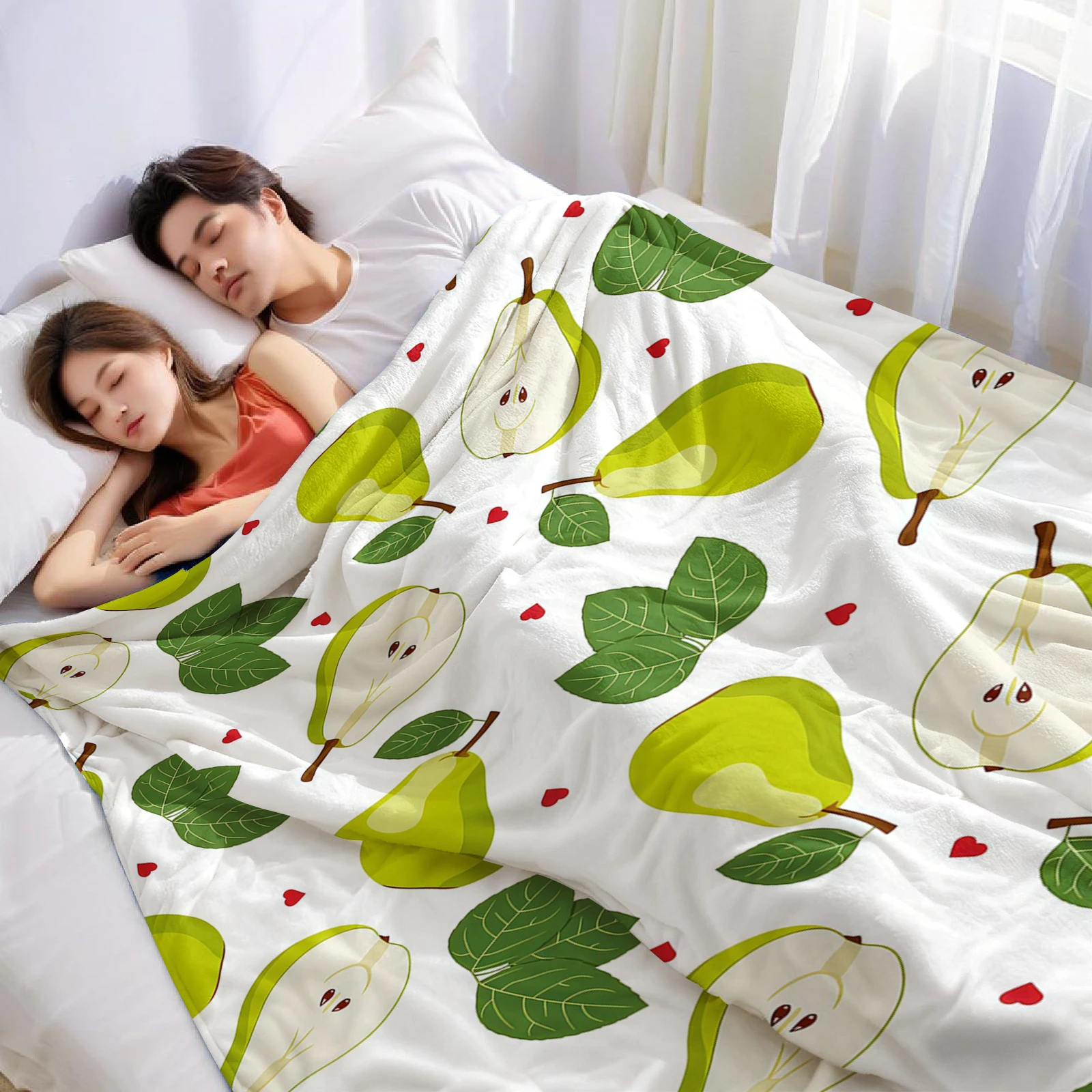 Green Pear Cartoon Anime Print Flannel Blanket Soft Warm Throw for Kids Bedroom Sofa Bed Christmas Office Car
