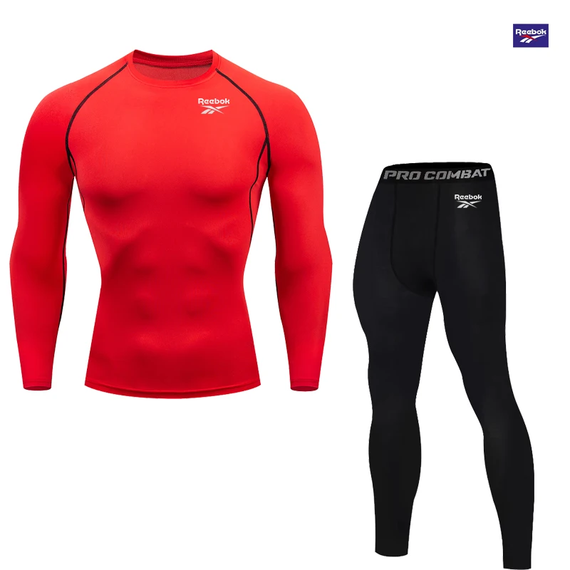 Reebok 2-Piece Men's Compression Sports Suit - Compression Training Yoga Set - Fitness Running Long-Sleeved Combination - Tight
