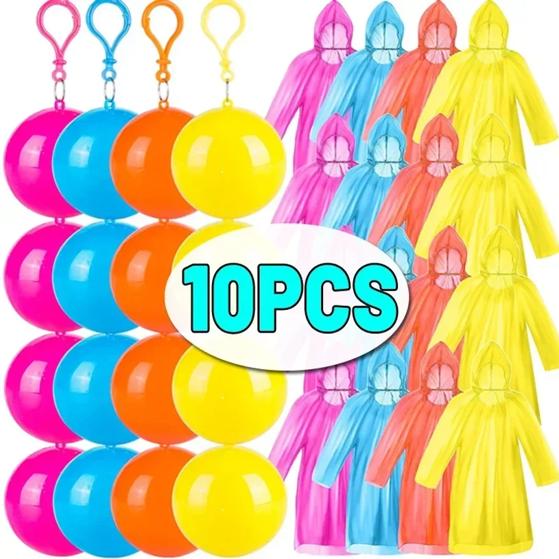 10PCS Portable Raincoats Balls with Hook Disposable Waterproof Rain Ponchos Outdoor Hiking Camping Emergency Rain Coats Balls