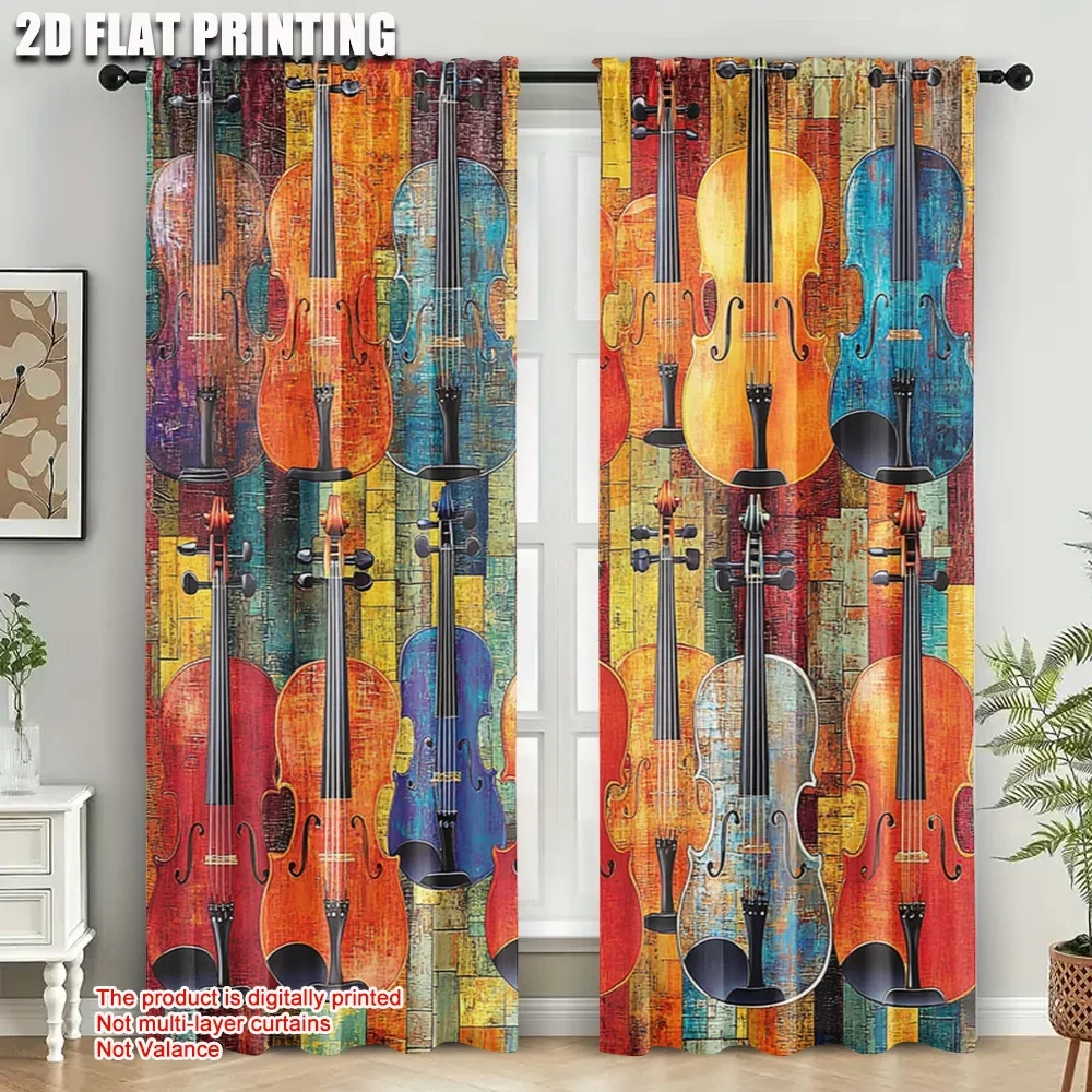 2pcs, Upscale Curtains 2D print Musical instrument Versatile Polyester Fabric (without rod) All Seasons Perfect for Bedroom