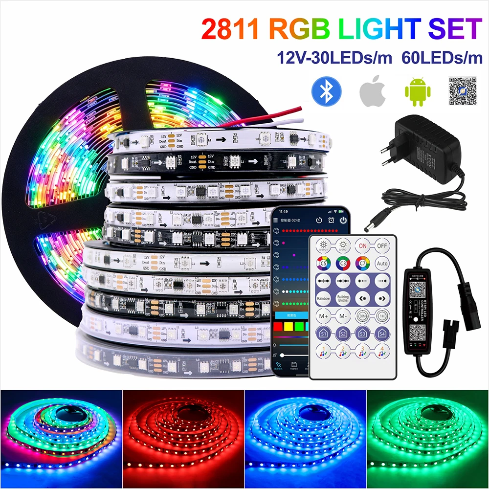 WS2811 SPI Addressable RGB LED Strip Kit DC12V Bluetooth APP Remote 30/60LEDs/m Power Supply 1m-5m Room Decor Light