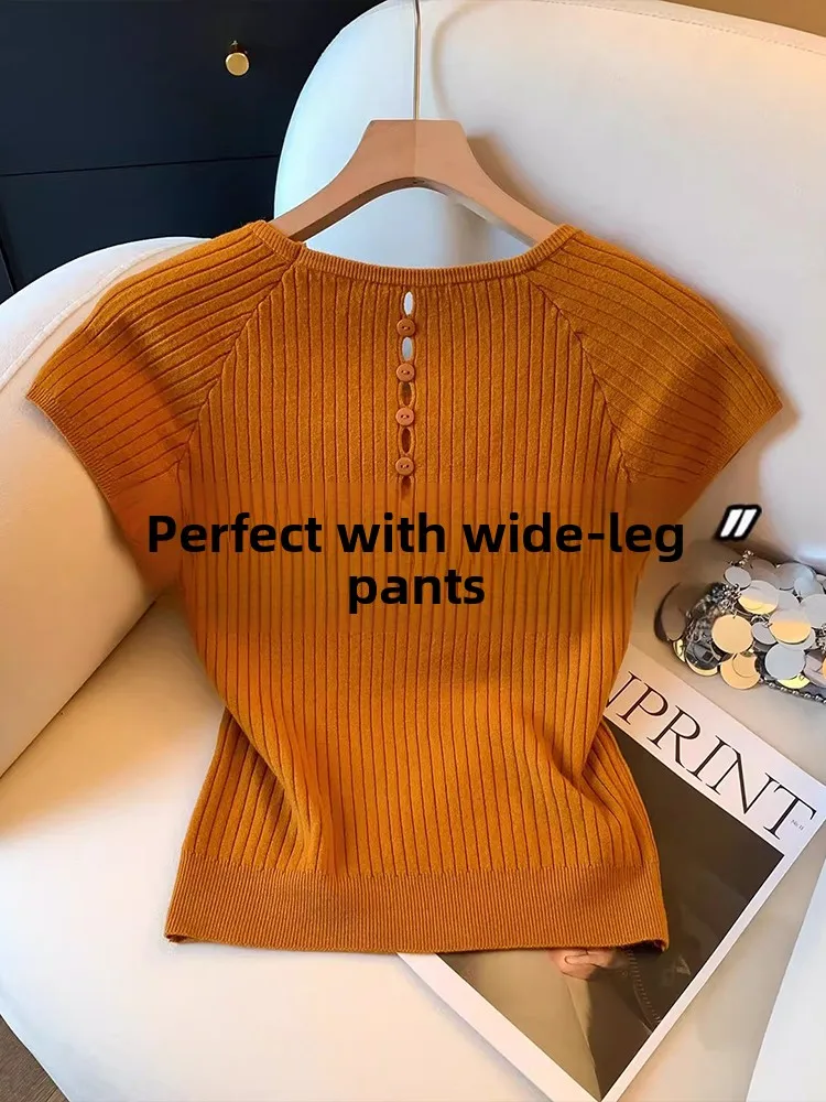 Orange Short Sleeve Knitted Ice Silk T-Shirt Women's Summer Fashionable Hollow out Back Design Slim Fit Comfortable Commute S...