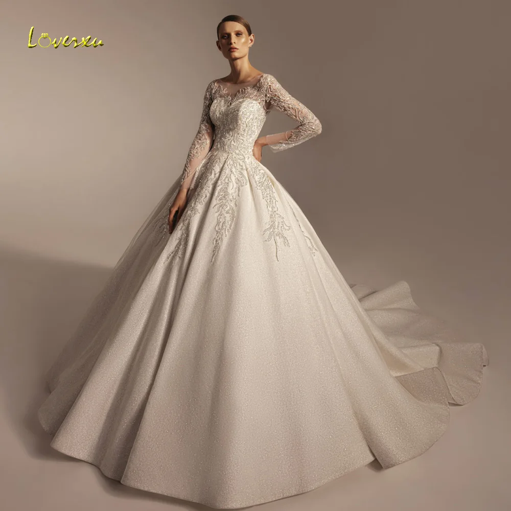

Loverxu A-Line Elegant Wedding Dresses O-Neck Long Sleeve Vestido De Novia Lace Embroidery Beaded Custom Made Robe De Mariee