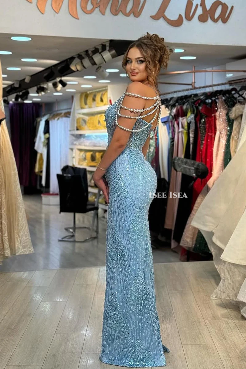 Himmelblaues exquisites Abendkleid mit Perlen, A-Linie, schulterfrei, Cocktail-Abschlussballkleid, arabische Meerjungfrau, Brautparty-Kleider, individuell gestaltet