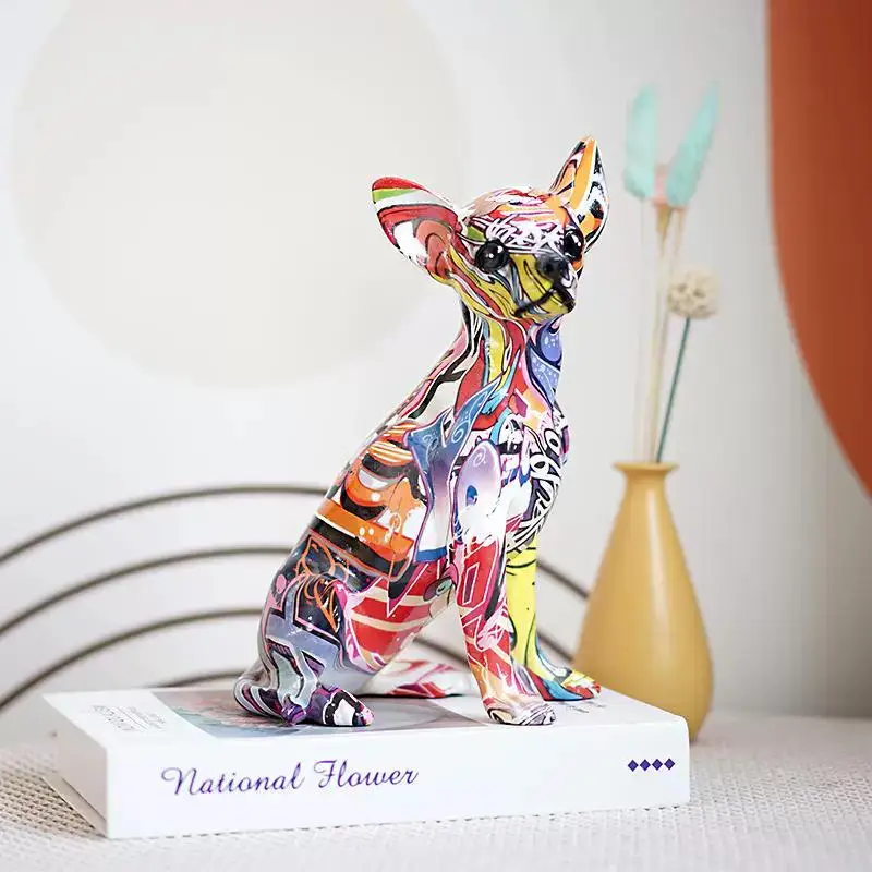 

"Colorful Puppy Figurine - Hydrographic Printed Chihuahua & Bulldog Decor - Playful Resin Statue for Living Room & Bar Cabinet"