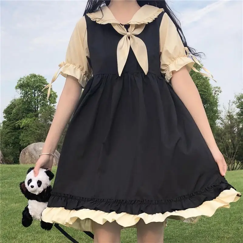 

Lolita Style Sweet Lolita Peter Pan Collar Bow Princess Sleeve Summer Solid Color Fake Two Pieces Spliced Ruffles Fairy Dress