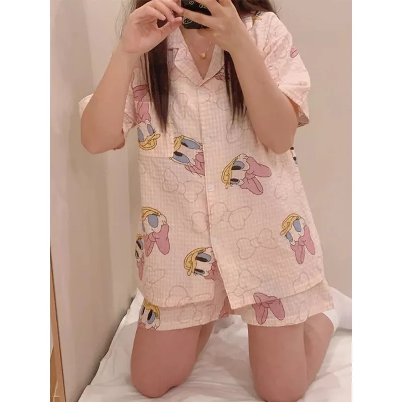 New Disney Mickey Donald Duck Pajamas for Women Cute Daisy ins Short Sleeve Shorts Cartoon Outerwear Home Clothes Set Gift