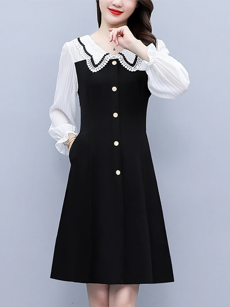 2024 Black Patchowrk White Long Sleeve Midi Dress Women Fashion Chic Doll Collar Casual Dress Autumn Winter Korean Vintage Dress