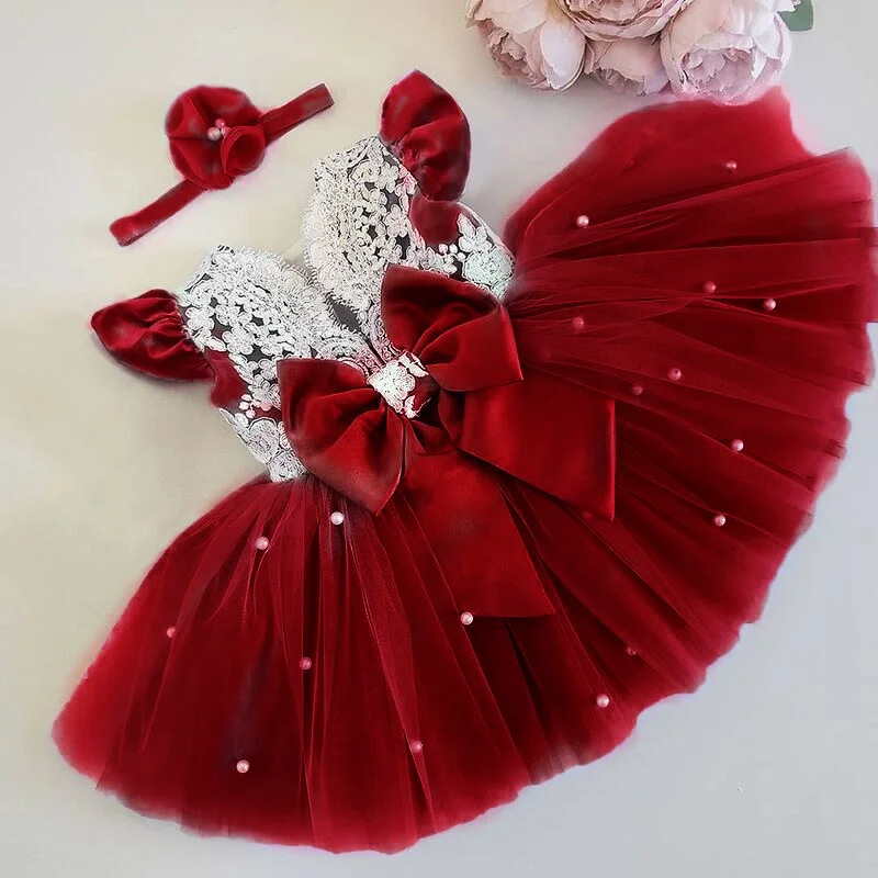 Baby Girl Lace Embroidery Dress Toddler Kids Girl Princess Dress Bow Tulle Party Wedding 1 Year Birthday Tutu Dresses for Girls