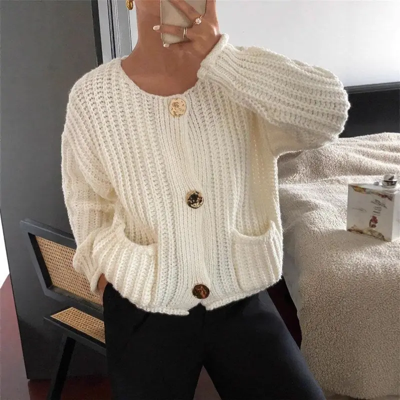 

Loose Long Sve Women's Sweater Cardigan Coat round Ne Tee Button ket Design Summer Thi Polyester Fiber Coat
