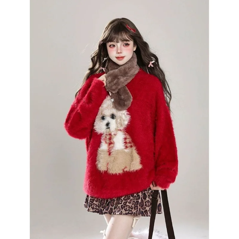 الكرتون جرو المنك المخملية سترة للنساء الخريف الشتاء فضفاضة لينة شمعي كسول نمط منتصف طول سترة غير رسمية