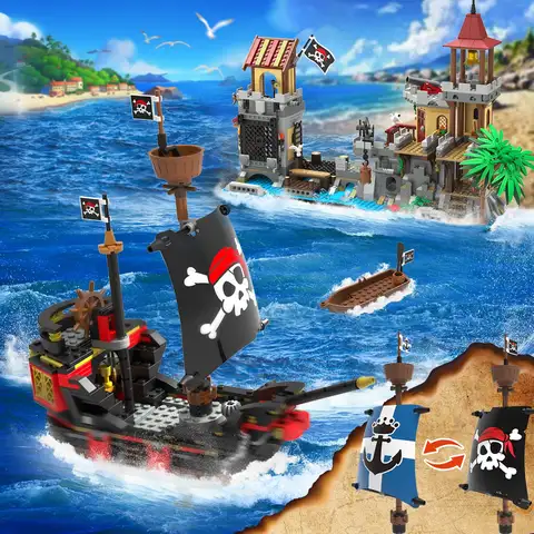 Pirate Castle Building Set with Light-3 Modes Big Pirates Ship Bay Medieval Pirate Wharf Model Toy Home Decor for Adults Teens
