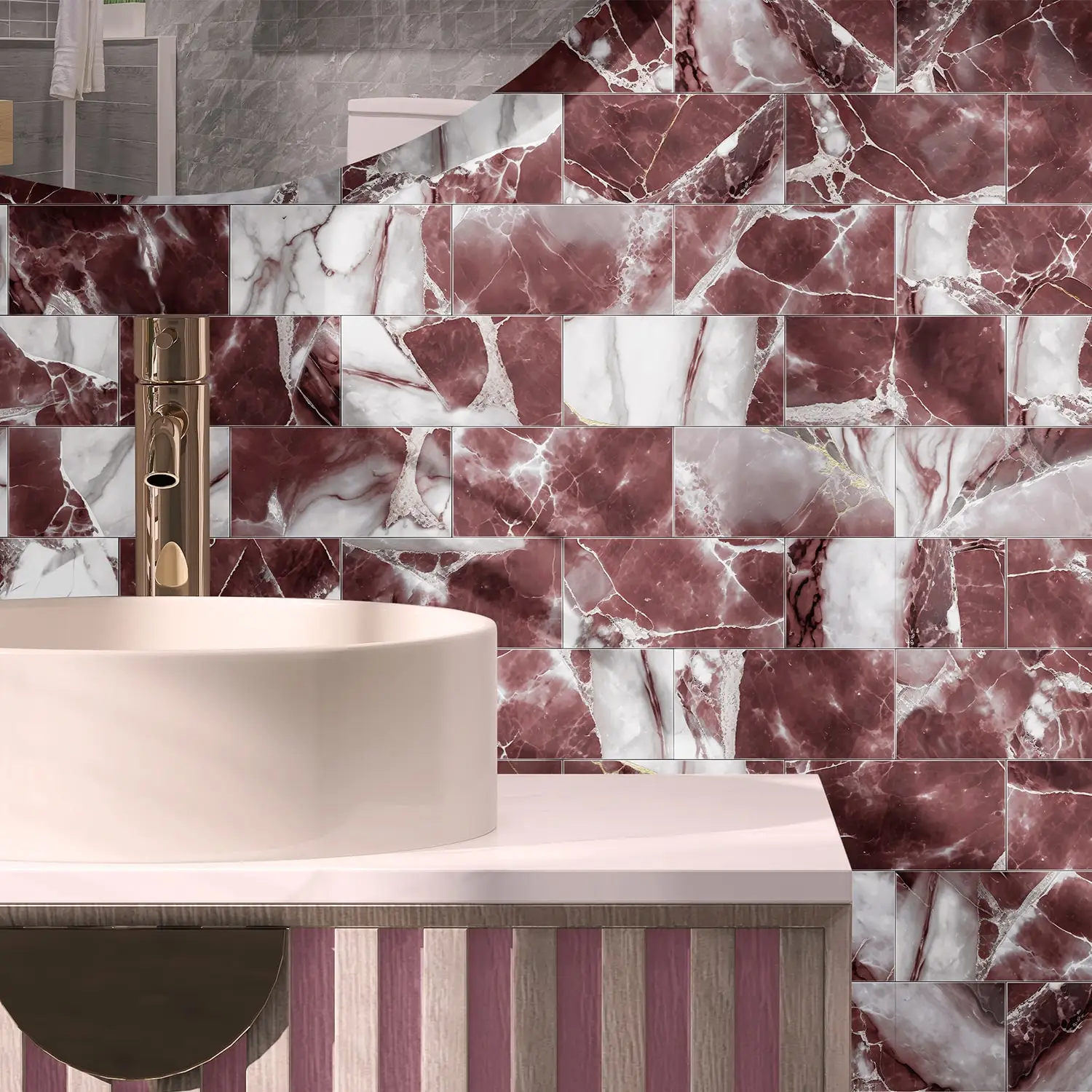 Marble Tile Wall Stickers,16/32/64Pcs Thickened Self‑Adhesive Wall Decals,Waterproof Removable Decor