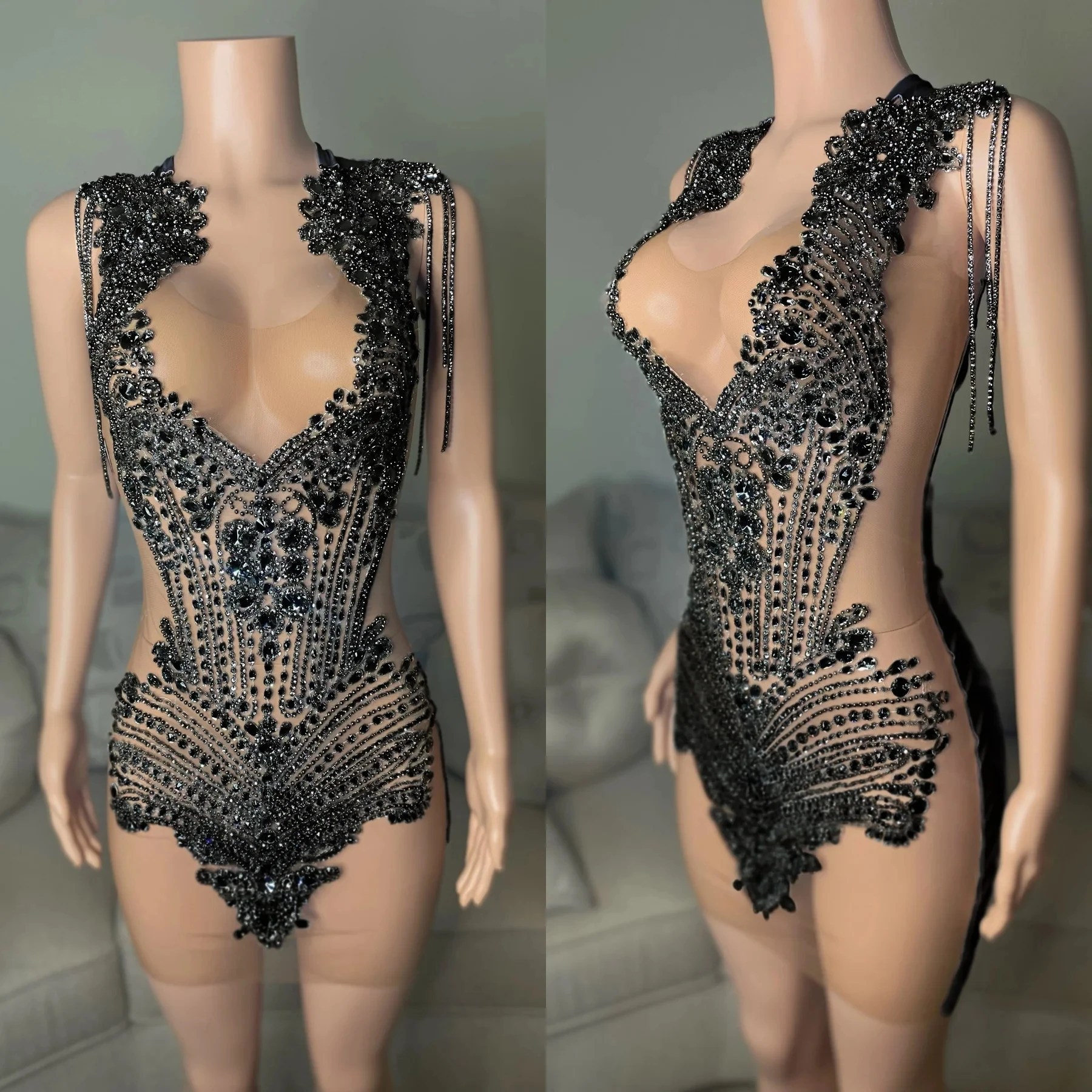 CitroSexy-Robe de Cocktail Africaine pour Femme, Tenue de Bal Noire, Transparente, Courte, Perlée, pour ixd'Anniversaire