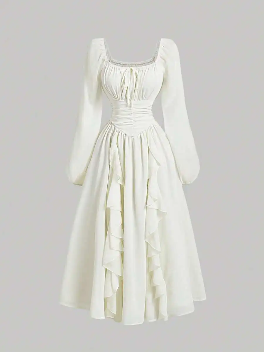 

Women's Ivory Ruffled Lantern Sleeve Square Neck Midi Dress