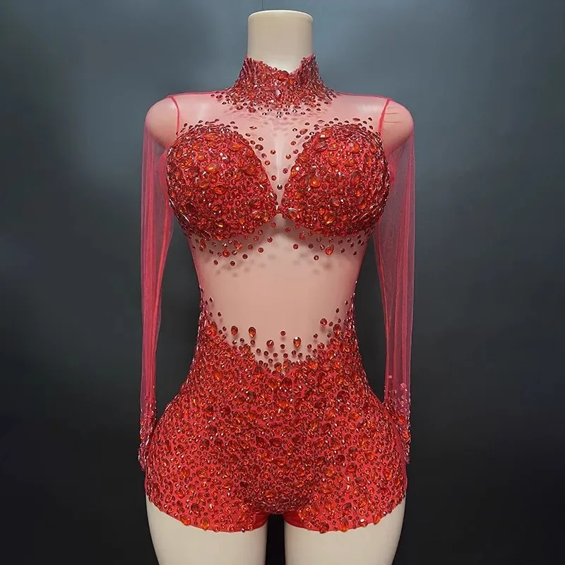 

High Elastic Zipper Long Sleeved Mesh Diamond Tight Bodysuit Bar Nightclub Jazz Dance Singer Stage Performance Clothing 9 Colour