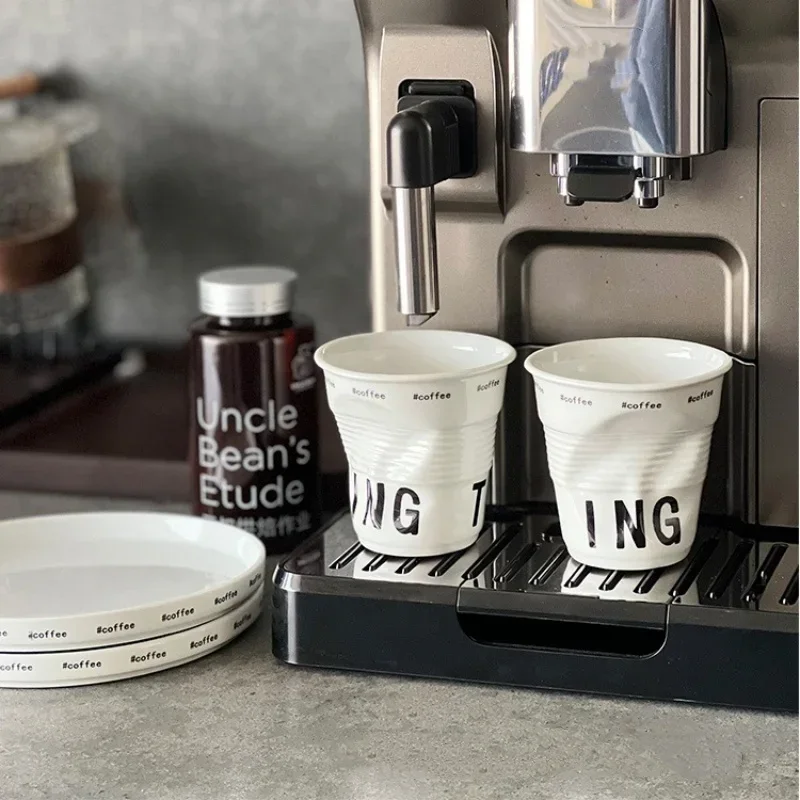 

200ML Coffee Mugs Irregular Design White Ceramic Wrinkle Cup English Letter Pattern Mug Office Juice Tea Cup Decoration Crafts