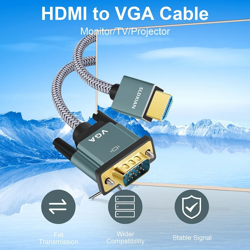 SHULIANCABLE HDMI to VGA cable, aluminum alloy shell, nylon braided gold-plated, compatible with computers, laptops, projectors