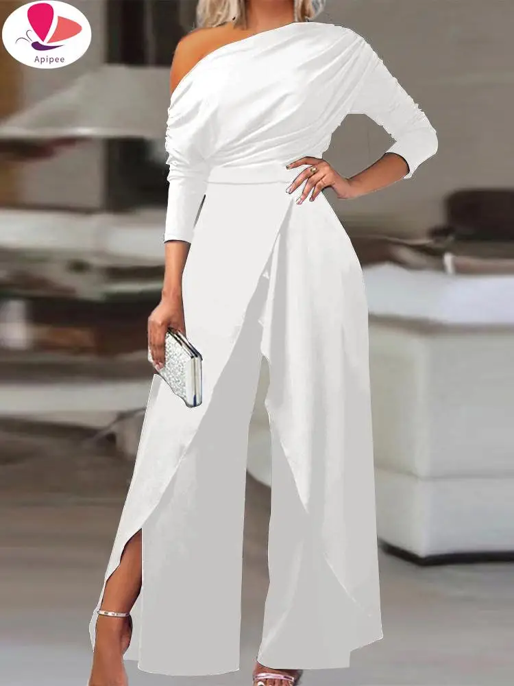 

APIPEE Elegant Jumpsuits Women Spring New Ruched Cold Shoulder Sexy Slit Wide Leg Jumpsuit Office Lady solid Party Jumpsuit