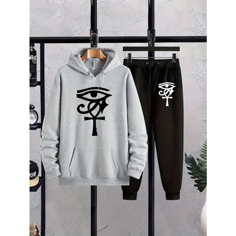 Męski zestaw: modna bluza z kapturem i spodnie z nadrukiem 3D, odpowiedni do noszenia na co dzień i do uprawiania sportu jesienią i zimą.