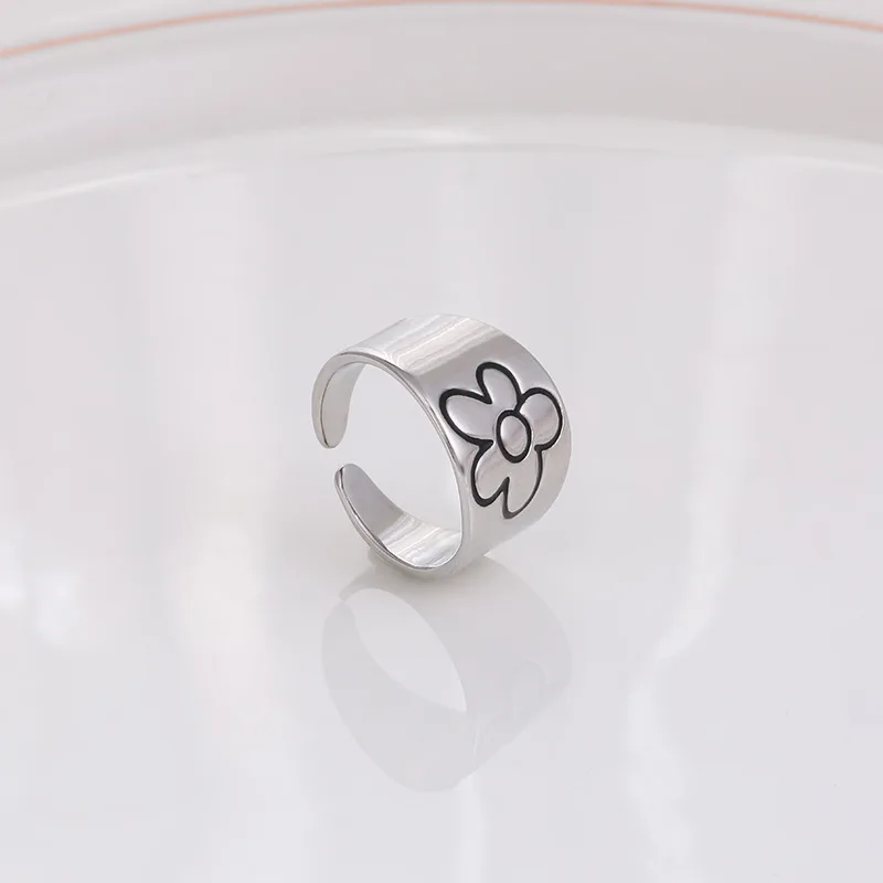 LIVVY Silver Rings Flower Wide Adjustable Ring For Women Couple Minimalist Simple Fashion Jewelry Gift Prevent Allergy