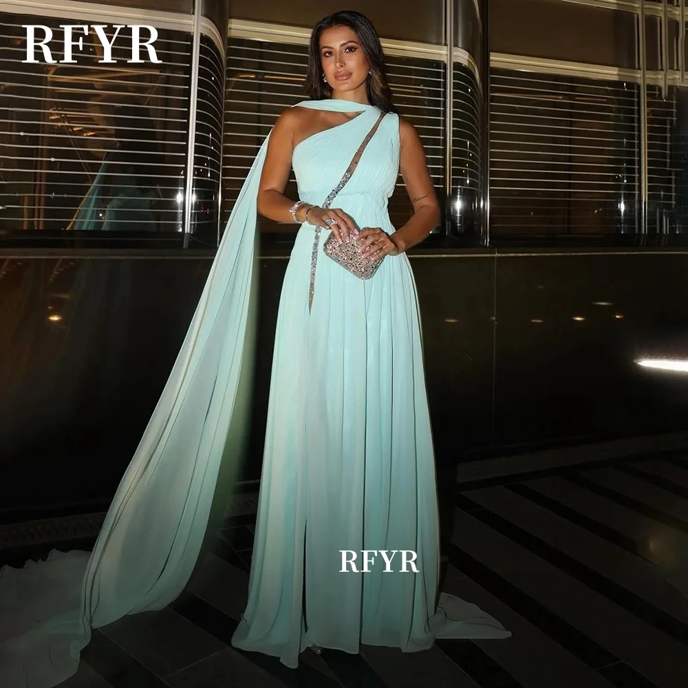 

RFYR One Shoulder Prom Dress with Pleats Beading A Line Evening Dress Chiffon Dress for Arab Dress Vestidos De Noche Customized
