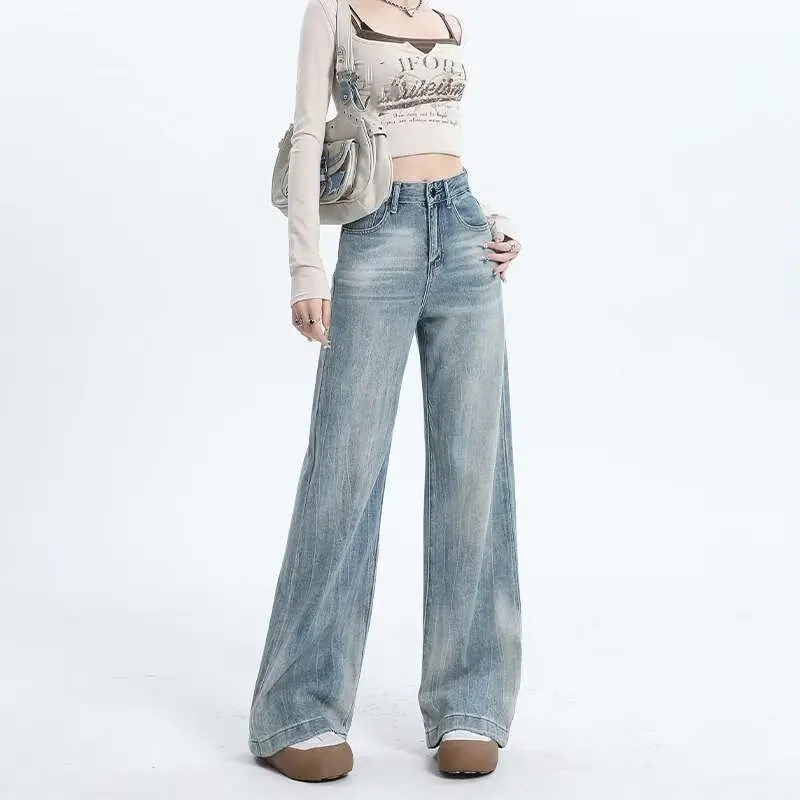 

High Waist Wide Leg Denim Jeans Women's Autumn Winter Loose Lazy Sle Floor Length Pants American Retro Sle Casual Cotton ...