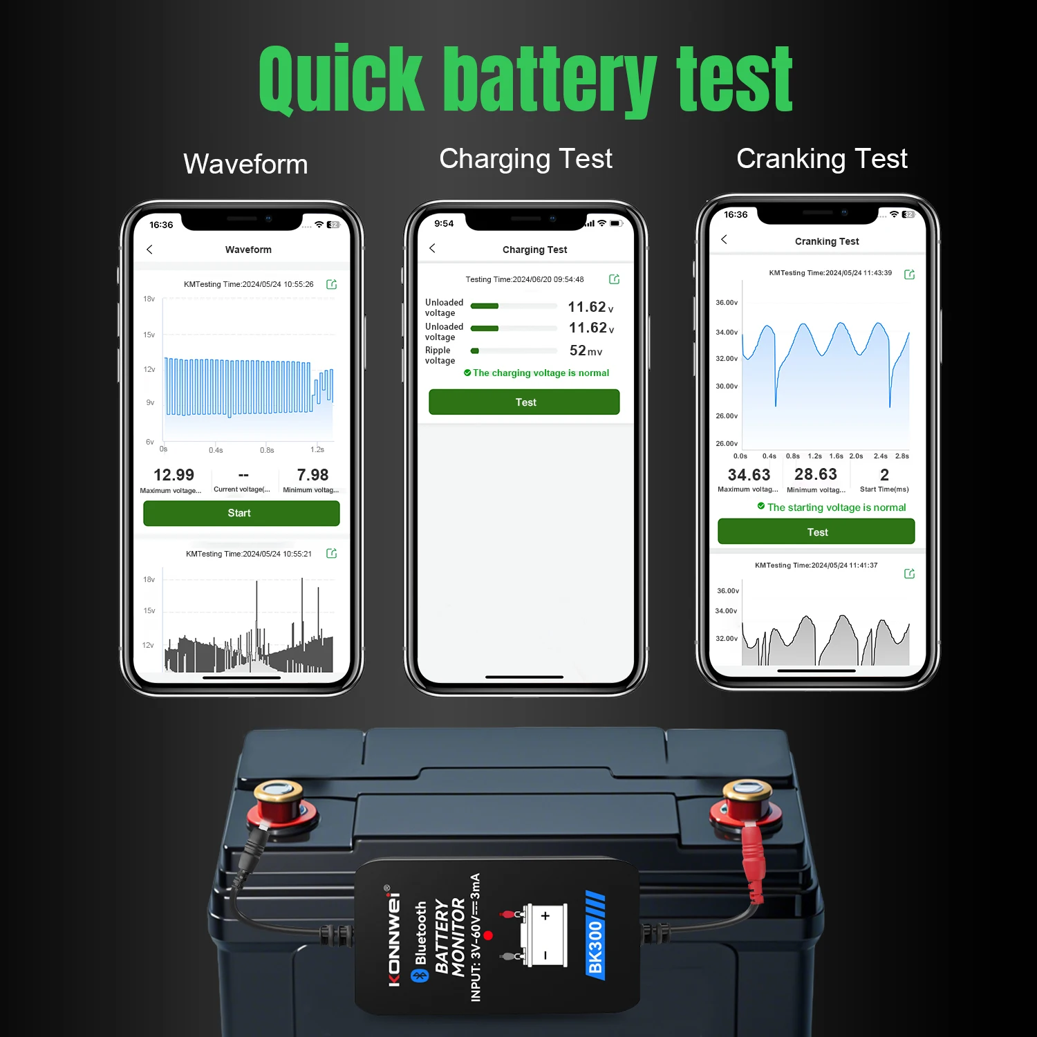 KONNWEI BK300 Bluetooth Battery Monitor 12V 24V Waveform Battery Tester Charging Cranking Test Tool For Ios Android