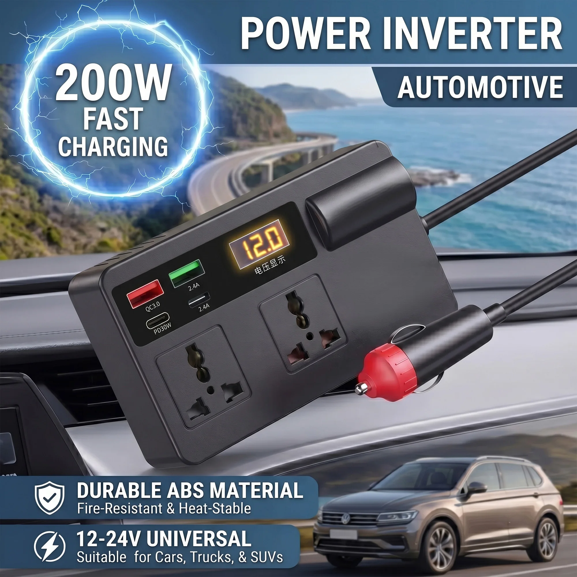 Car Power Inverter DC 12V/24V to AC 220V Converter PD30W Type-C & QC3.0 USB Charger Dual Outlet Adapter Auto Voltage LED Display