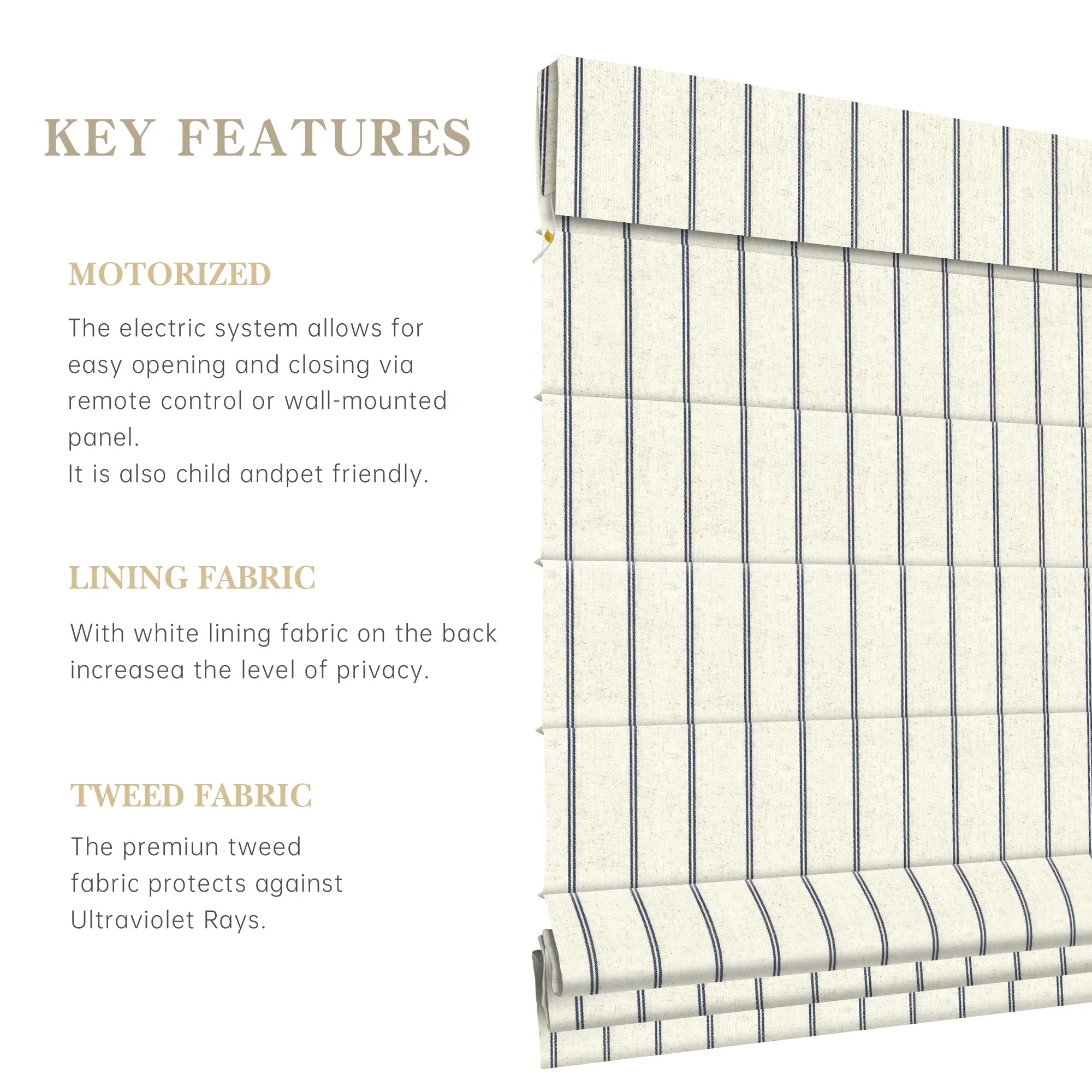 French Stripe Roman Shade Electric Motorized Remote Flat Type Soft Blackout Fabric Roman Blind Shades