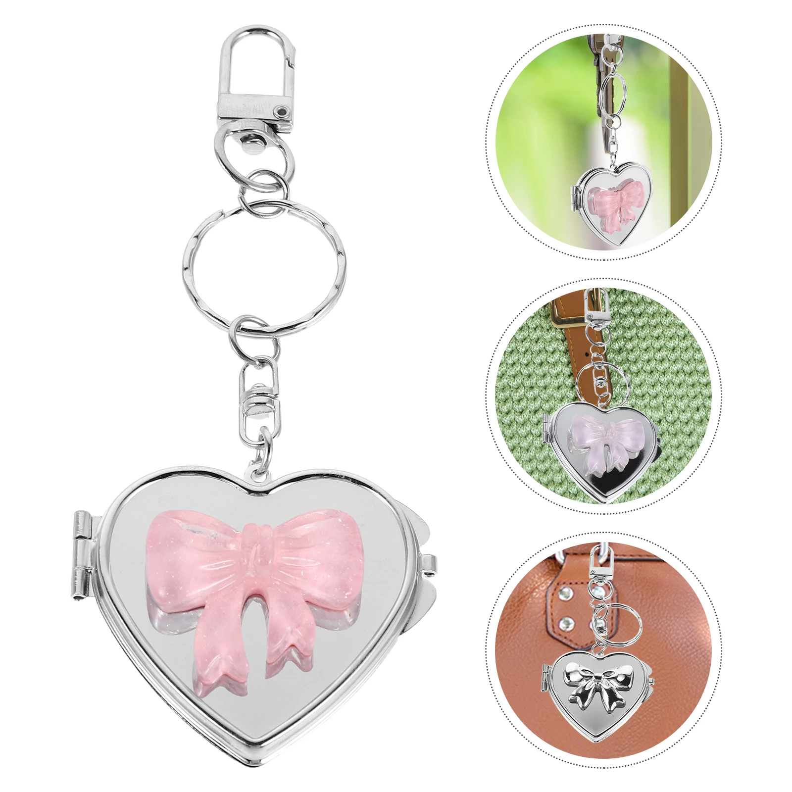 3개 세트 하트 모양 거울 키체인 우아한 리본 컴팩트 휴대용 메이크업 거울 여행용 가방 장식 선물