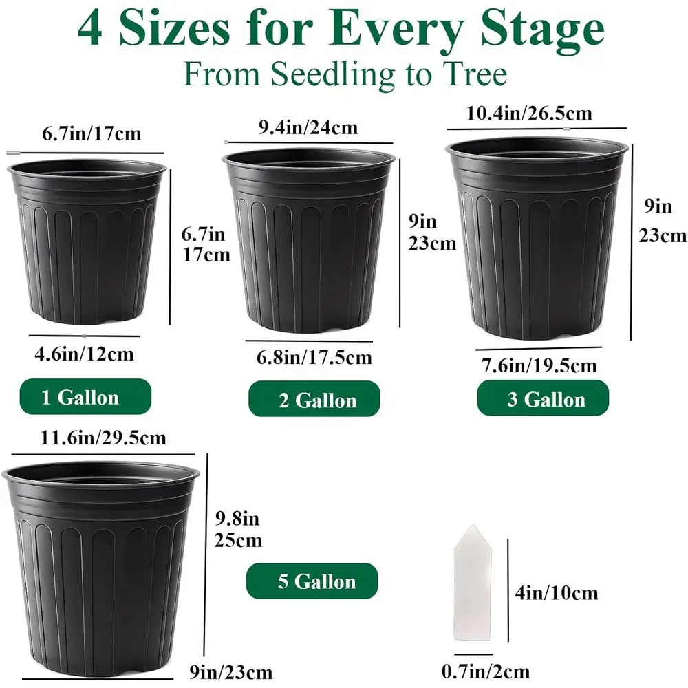 3 Gallon Flexible Plant Nursery Pots with Drainage Holes and Labels, Black