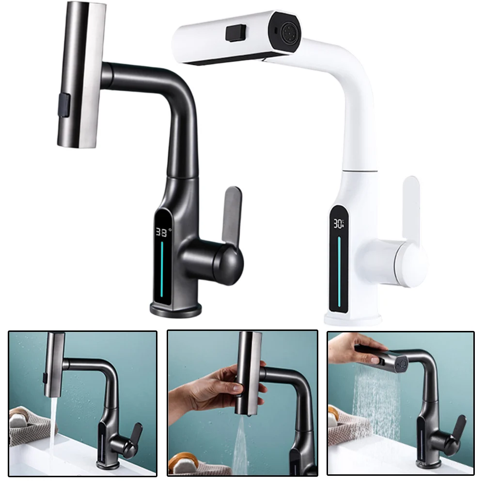 

1 Set Kitchen Faucets Brass LED Intelligent Display Gourmet Faucet Kitchen Cold Hot Water With Water Pipes 28*15cm Banthroom Tap