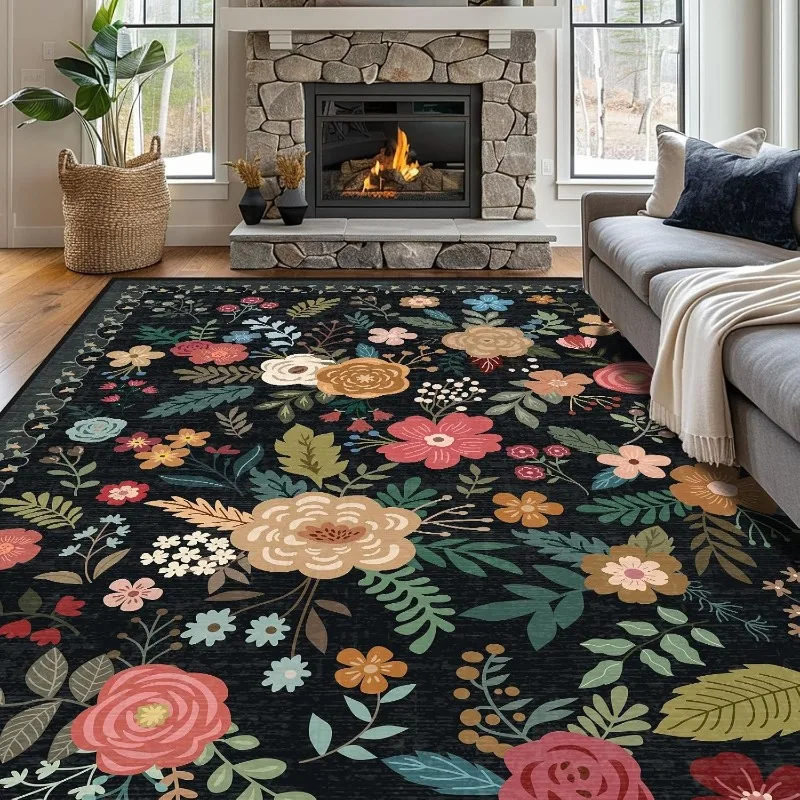 William Morris Vintage Floral Area Rug Dark Green Botanical Carpet For Living Room Non-Slip Machine Washable Bedroom Floor Mat