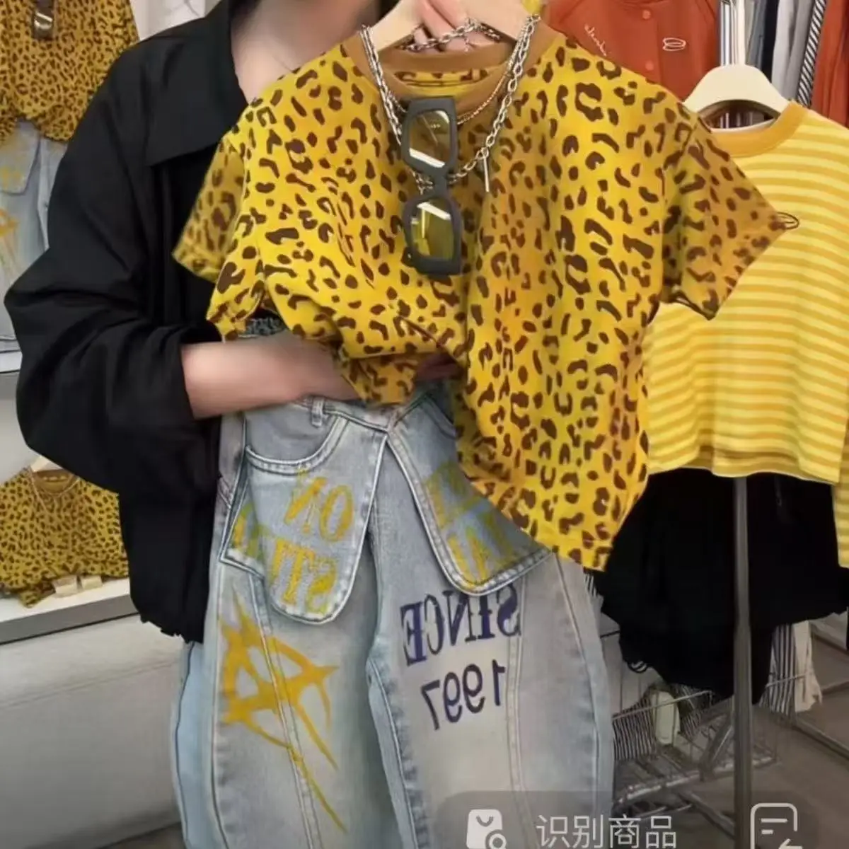 

Boys and Girls Summer Set 2026 New American Retro Leopard Pattern Short Sleeve Cool Jeans Two Piece Set